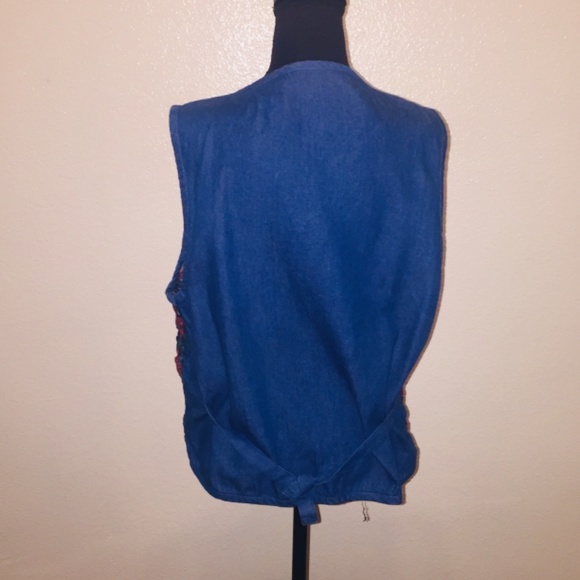 Red / blue Denim and plaid woven gate net denim vest - Picture 4 of 7